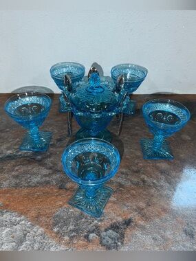 Vintage Blue Pressed Glass Dessert Set - 5 Pieces
